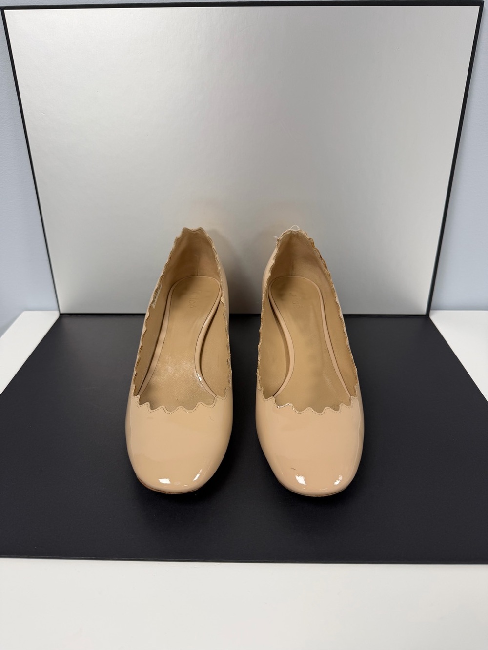 Chloe Beige Patent Scalloped Ballet Flats - Women
